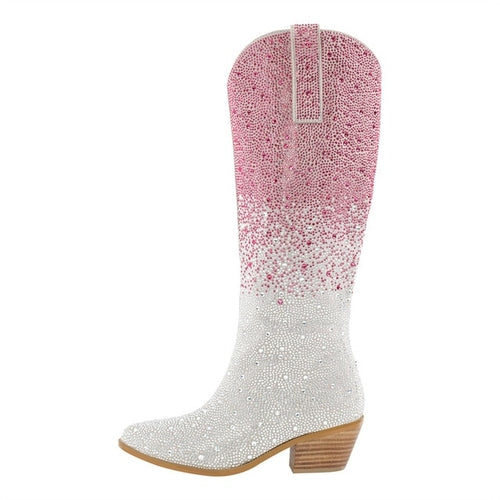Onlymaker Women Pointed Toe Rhinestone Knee High Western Cowgirl Boots