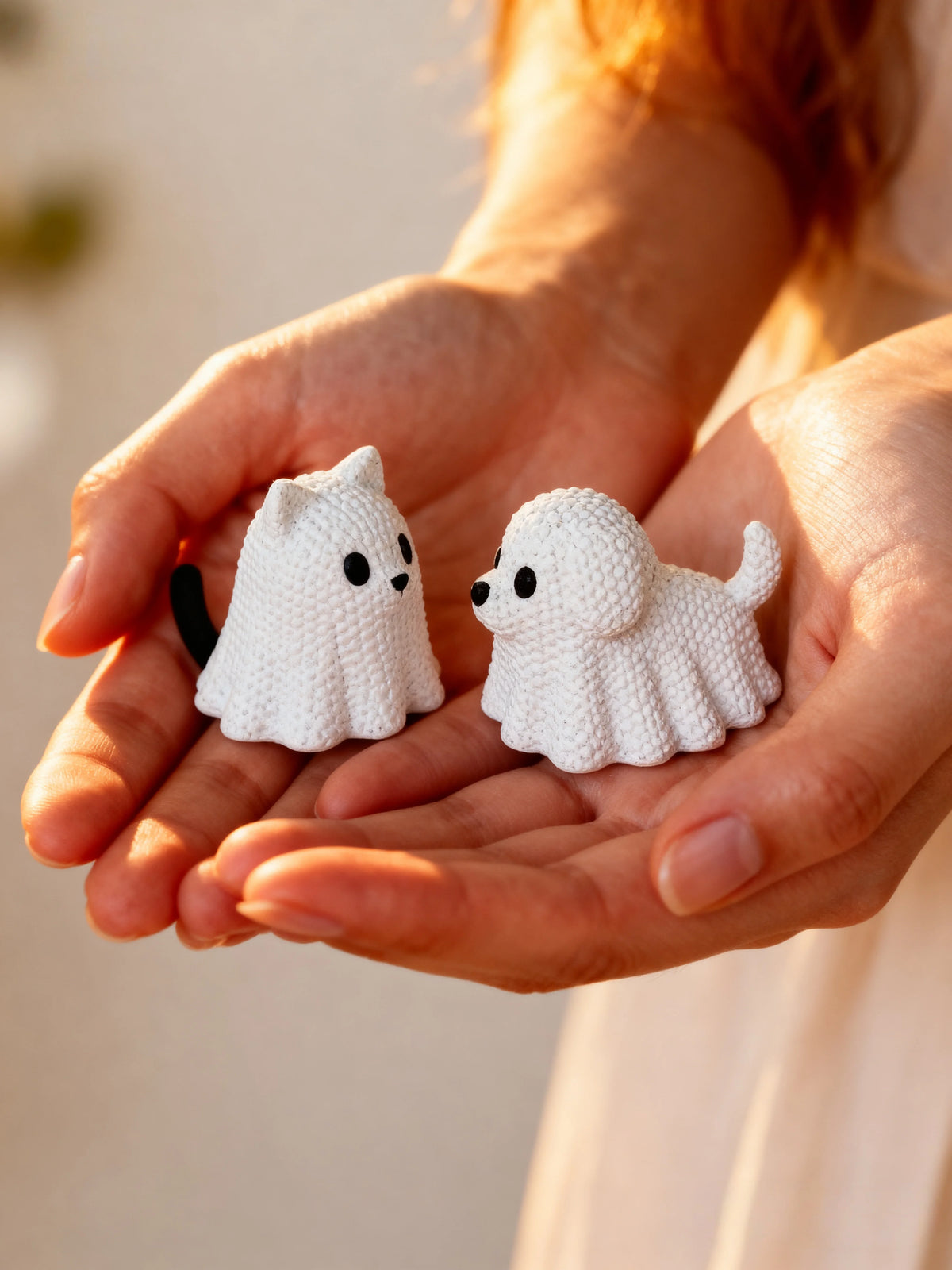 2 pieces - Ghost Cat and Ghost Dog holiday statue decorations, made of