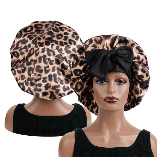 Silky Satin Sleep Bonnet Leopard Print Adjustable Tie Band Hair Cover