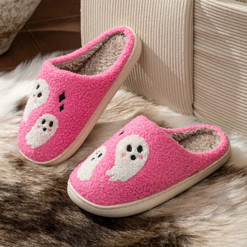 Halloween Slippers Women's Winter Pink Cute Ghost Indoor Cartoon