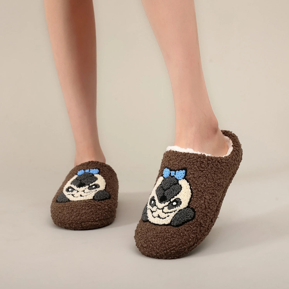 A Pair of Brown Pug Pet Embroider Pattern Plush Home Soft-Soled