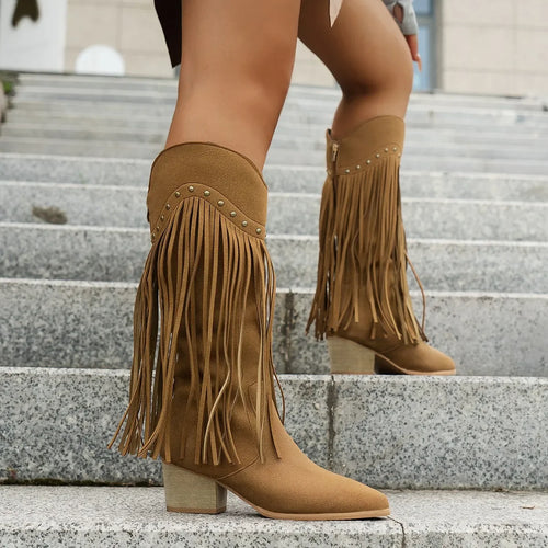 Plus Size 43 Women's Tassels Western Knee High Boots Cowboy Cowgirl