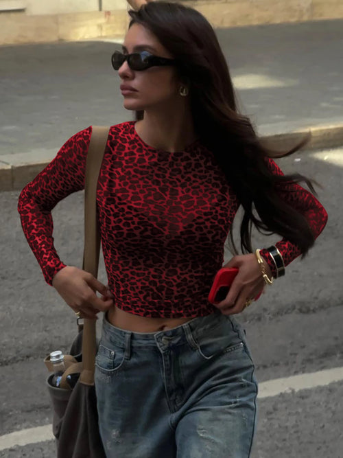 Dulzura Sexy Long Sleeves Tops Mesh T Shirt Leopard Printed Bodycon