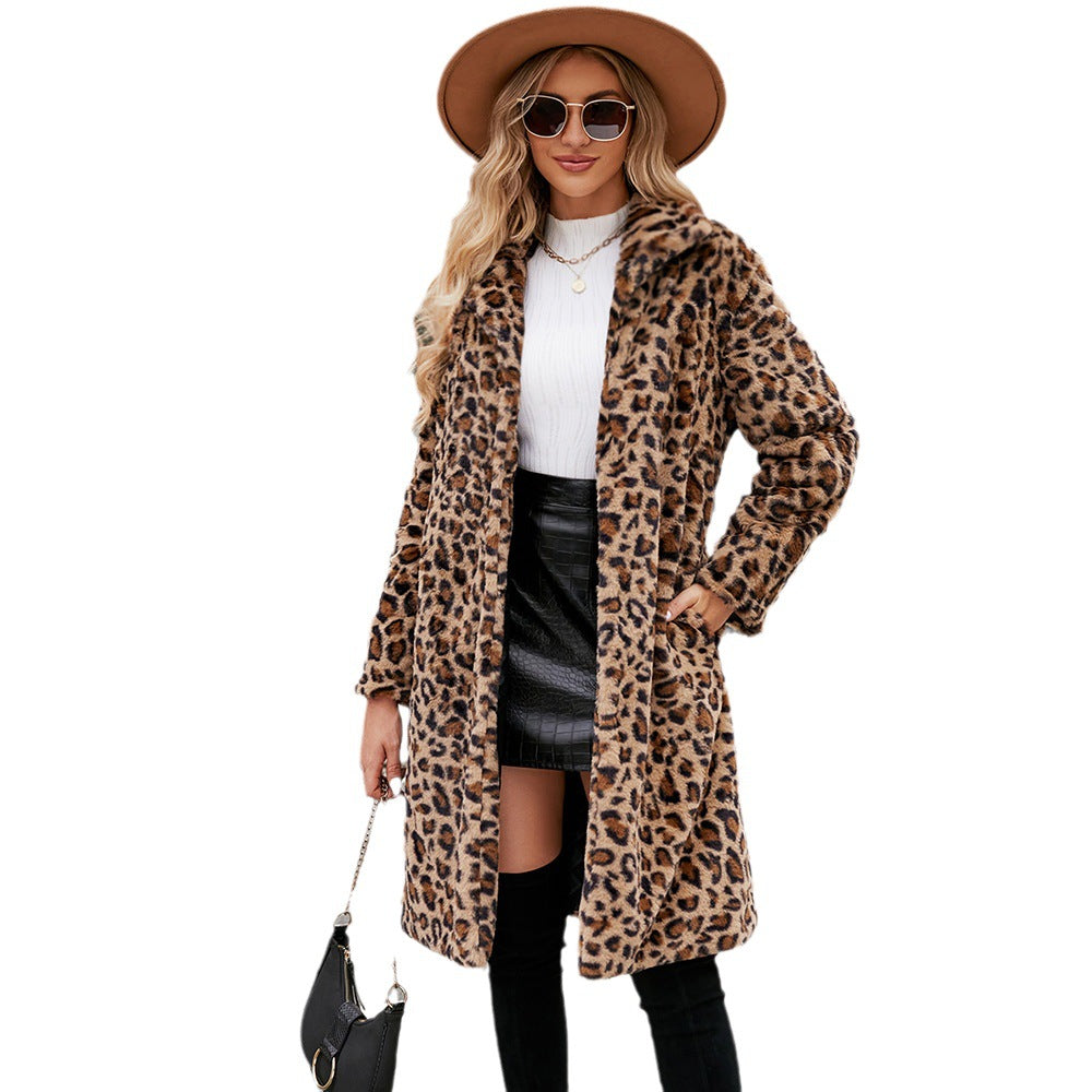 Leopard Print Faux Fur Plush Lapel Coat, Fall Women's Fashion, Jacket, Classy