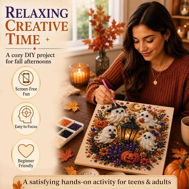 Spooky Ghost Diamond Art Kit, Pearl Art, Halloween DIY Wall Decor for Adults & Beginners, Full Drill Gem Painting