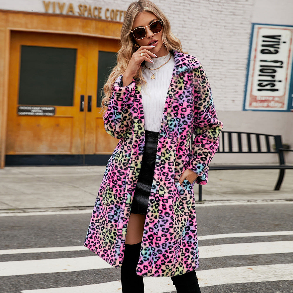 Leopard Print Faux Fur Plush Lapel Coat, Fall Women's Fashion, Jacket, Classy