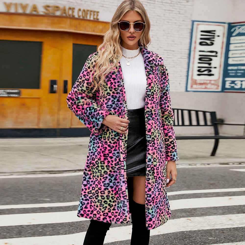 Leopard Print Faux Fur Plush Lapel Coat, Fall Women's Fashion, Jacket, Classy