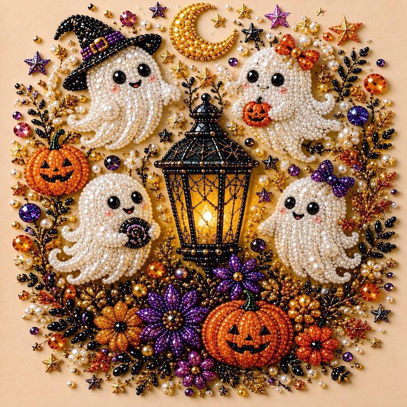 Spooky Ghost Diamond Art Kit, Pearl Art, Halloween DIY Wall Decor for Adults & Beginners, Full Drill Gem Painting
