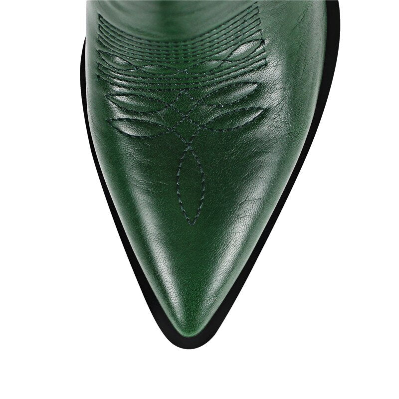 Onlymaker Women Green Knee High Boots Western Cowboy Boots Wide Calf