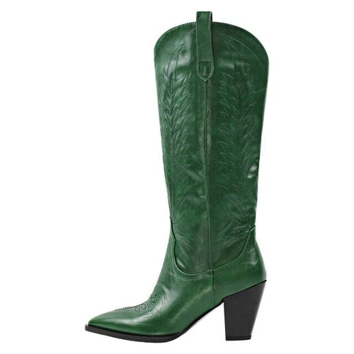 Onlymaker Women Green Knee High Boots Western Cowboy Boots Wide Calf