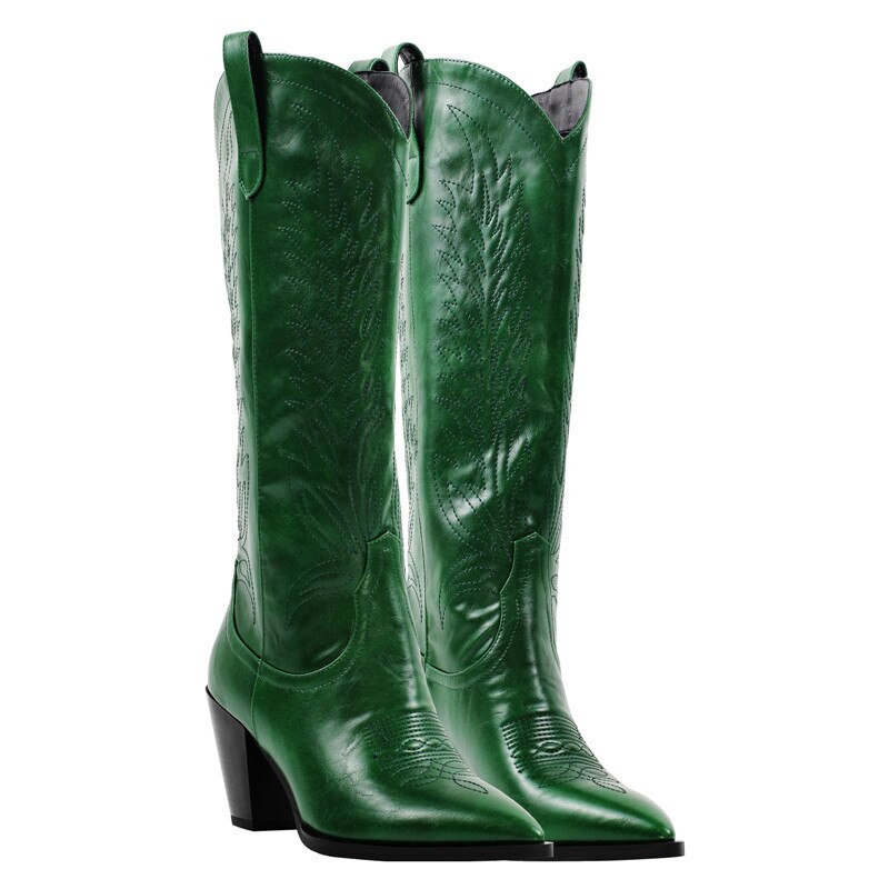 Onlymaker Women Green Knee High Boots Western Cowboy Boots Wide Calf