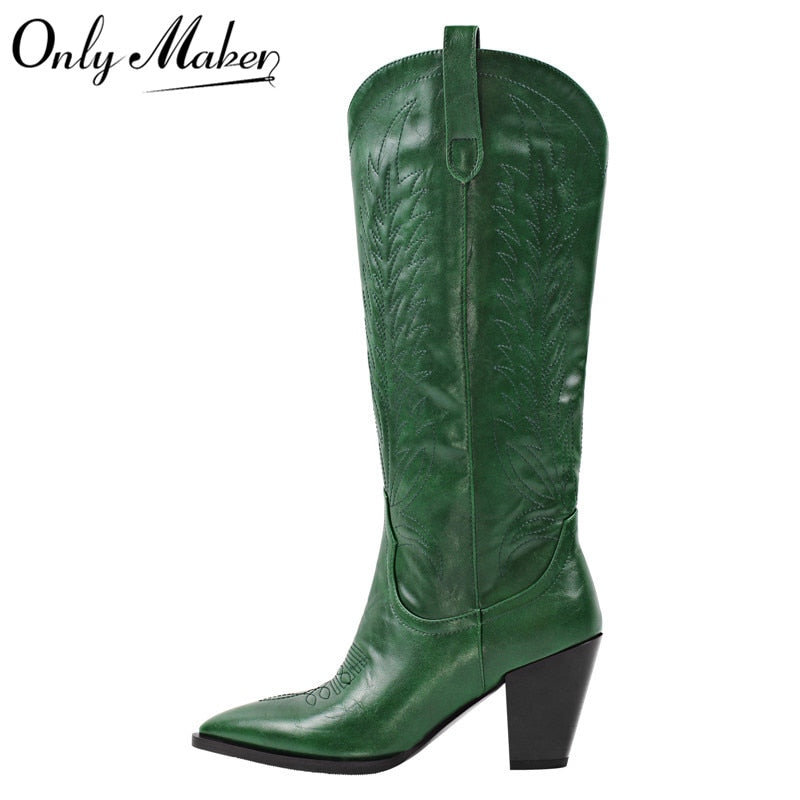 Onlymaker Women Green Knee High Boots Western Cowboy Boots Wide Calf