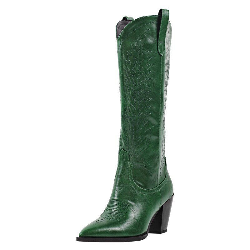 Onlymaker Women Green Knee High Boots Western Cowboy Boots Wide Calf