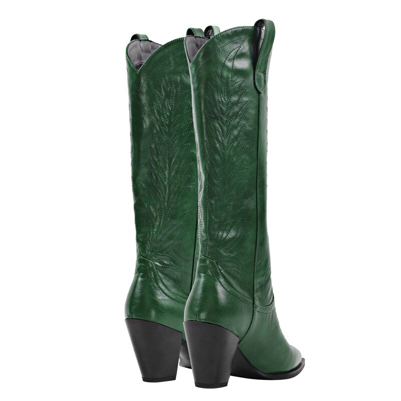Onlymaker Women Green Knee High Boots Western Cowboy Boots Wide Calf