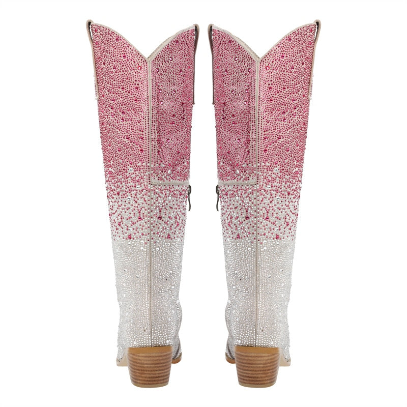 Onlymaker Women Pointed Toe Rhinestone Knee High Western Cowgirl Boots