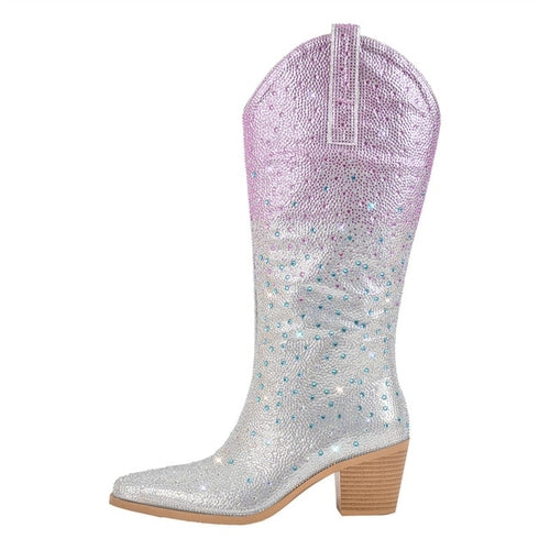 Onlymaker Women Pointed Toe Rhinestone Knee High Western Cowgirl Boots