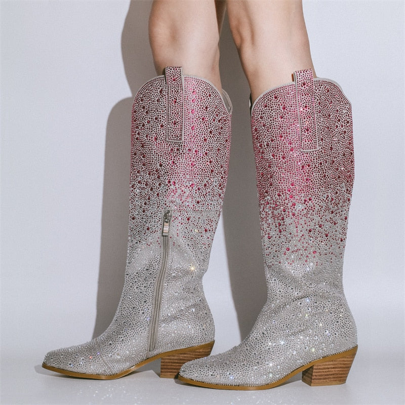 Onlymaker Women Pointed Toe Rhinestone Knee High Western Cowgirl Boots