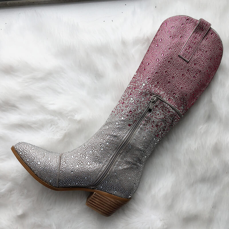 Onlymaker Women Pointed Toe Rhinestone Knee High Western Cowgirl Boots