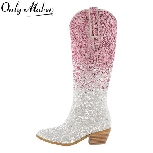 Onlymaker Women Pointed Toe Rhinestone Knee High Western Cowgirl Boots