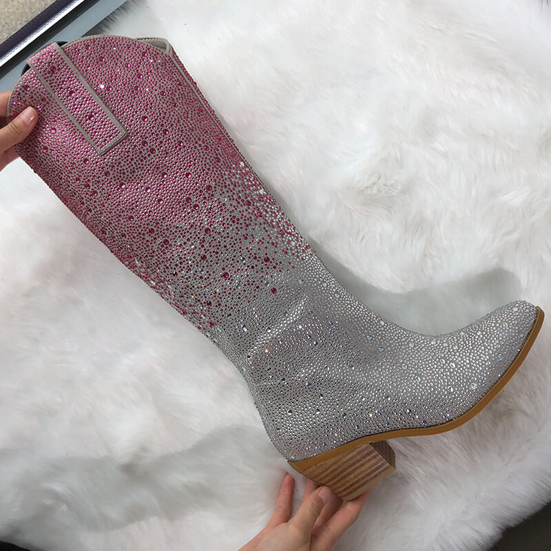 Onlymaker Women Pointed Toe Rhinestone Knee High Western Cowgirl Boots