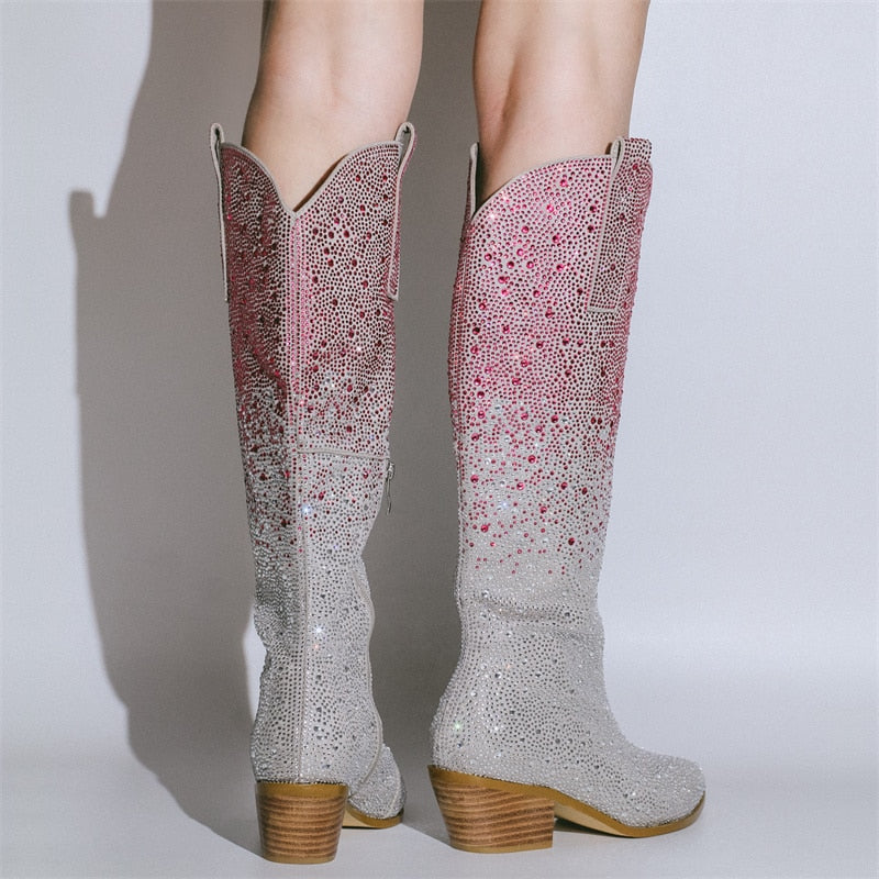 Onlymaker Women Pointed Toe Rhinestone Knee High Western Cowgirl Boots