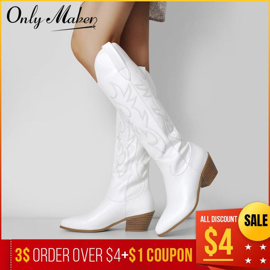 Onlymaker Women White Knee High Boots Western Cowboy Boots Wide Calf