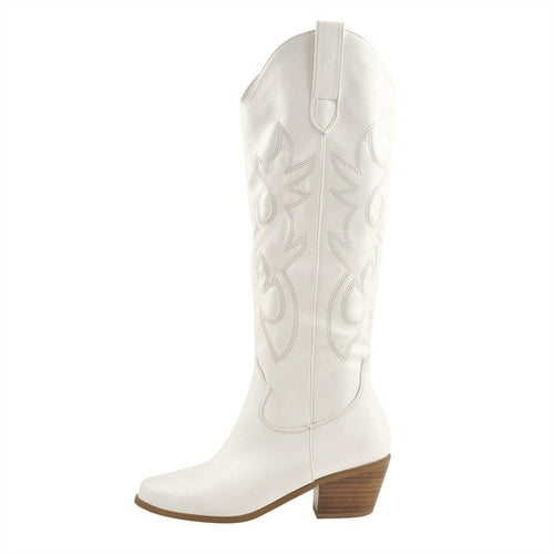 Onlymaker Women White Knee High Boots Western Cowboy Boots Wide Calf