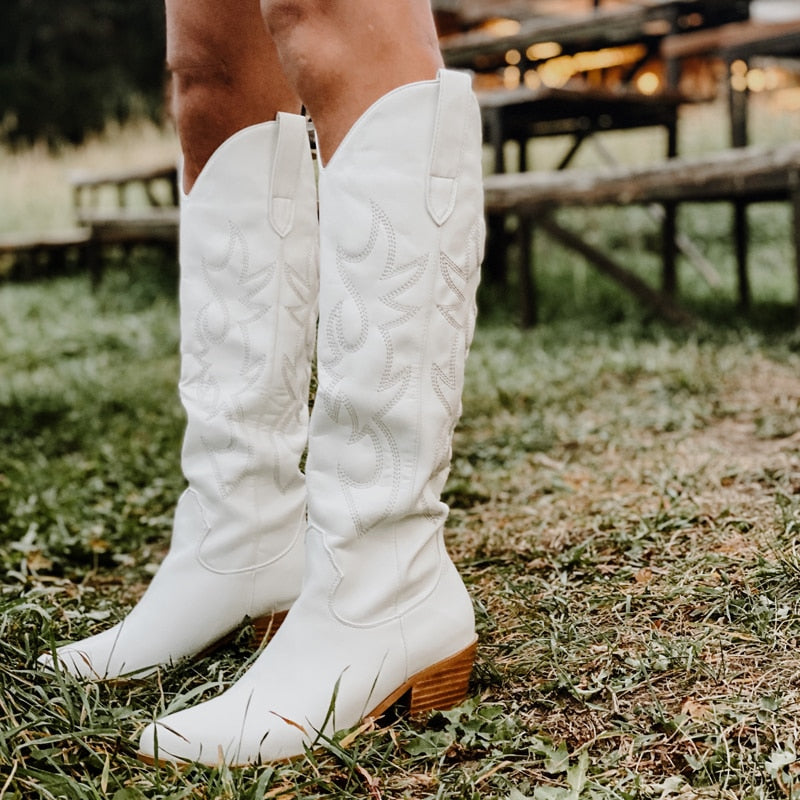 Onlymaker Women White Knee High Boots Western Cowboy Boots Wide Calf