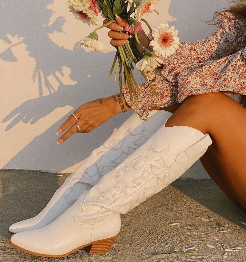 Onlymaker Women White Knee High Boots Western Cowboy Boots Wide Calf