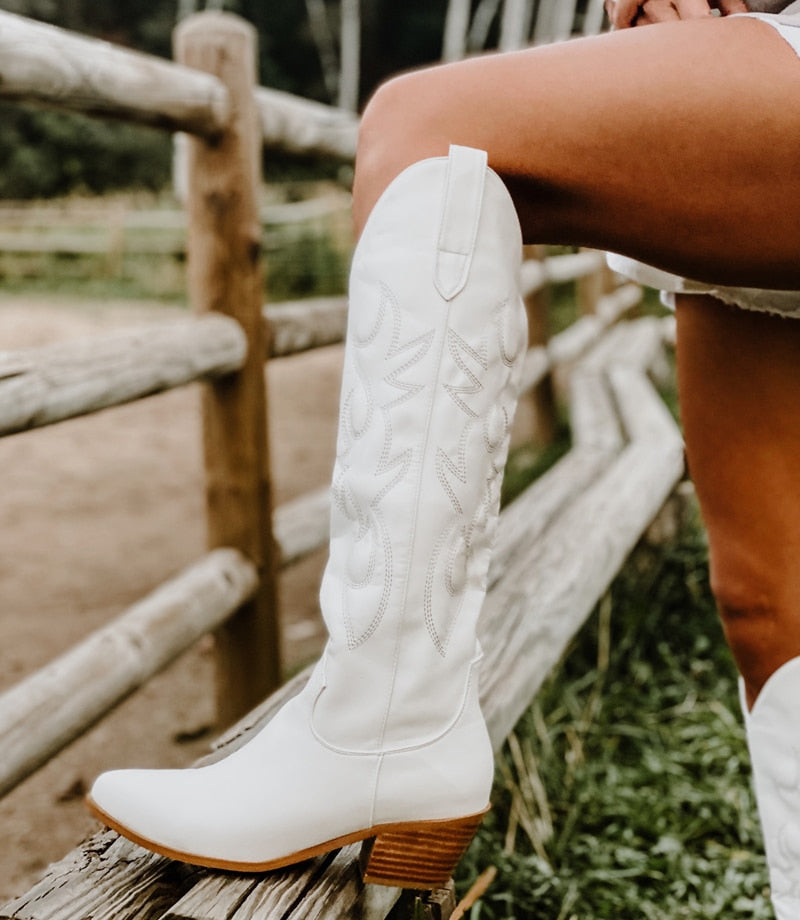 Onlymaker Women White Knee High Boots Western Cowboy Boots Wide Calf