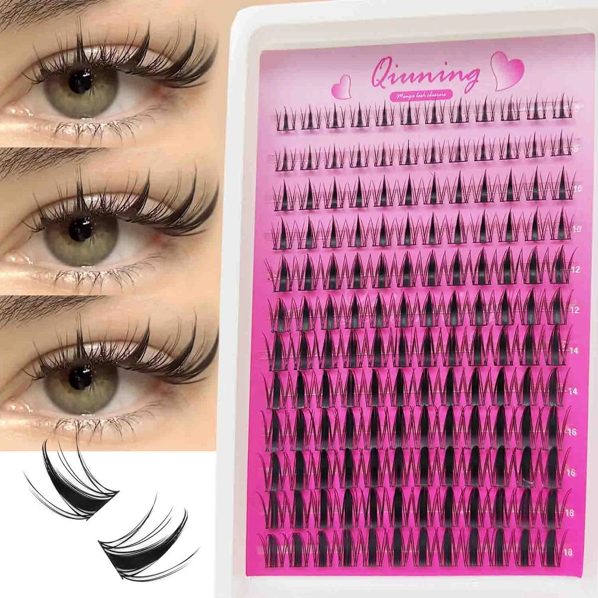 QIUNING Manga Lash Clusters Kit Cat Lashes with Lash Bond & Seal