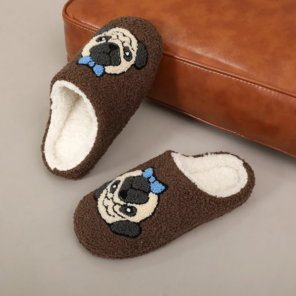 A Pair of Brown Pug Pet Embroider Pattern Plush Home Soft-Soled