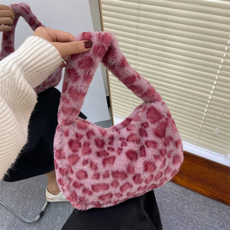 Stylish Leopard Pattern Tote Bag Soft Plush Handbag Underarm Shoulder