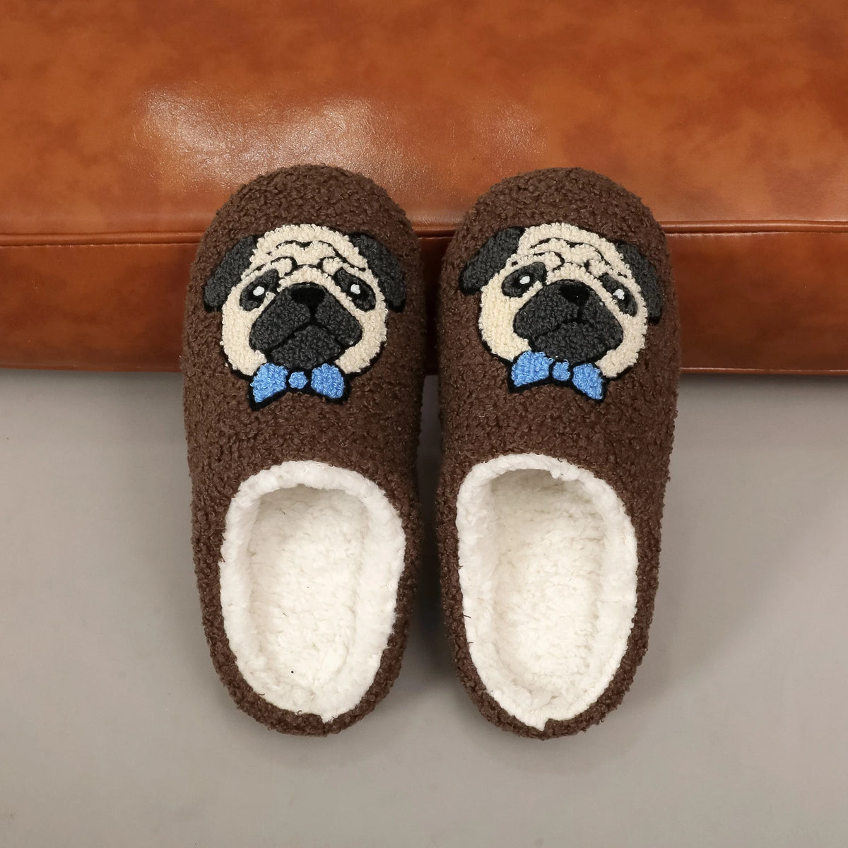 A Pair of Brown Pug Pet Embroider Pattern Plush Home Soft-Soled