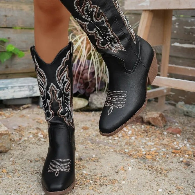 Cowboy Boots For Women Combat Riding Vintage Boots Chunky Block Heel