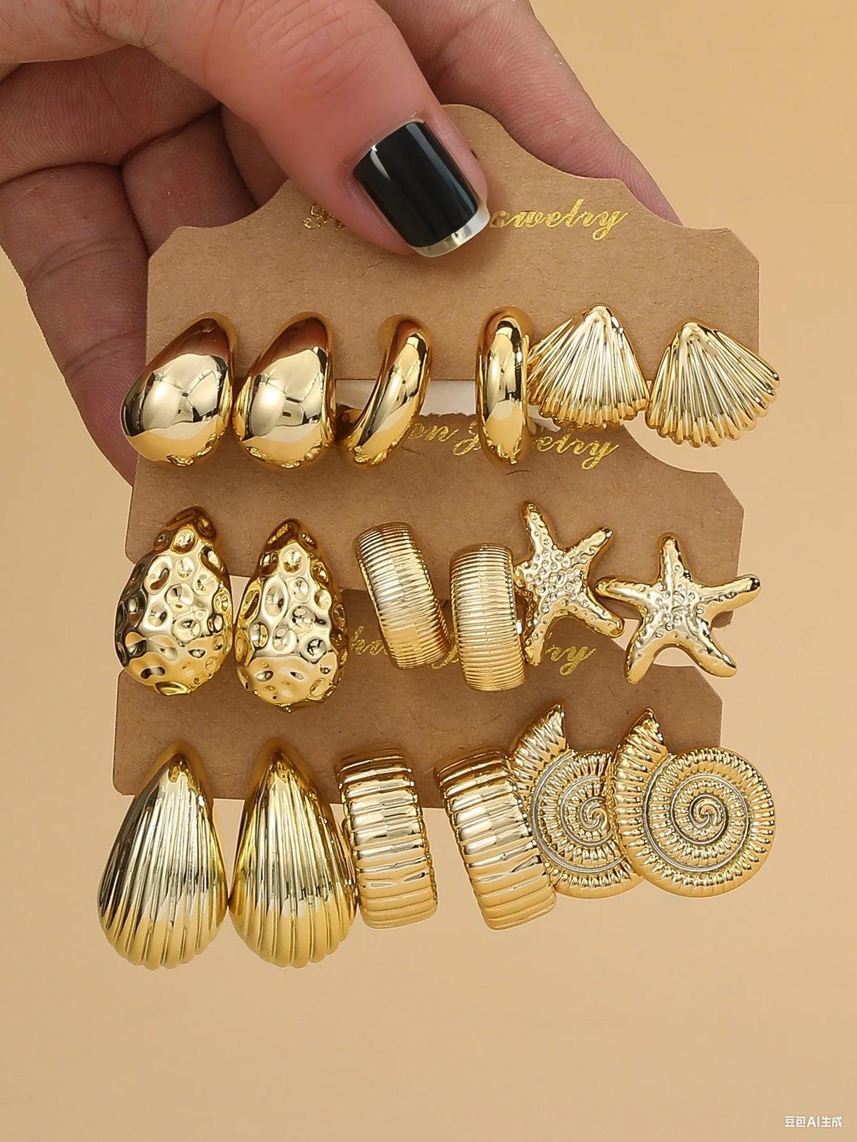 3PAIRS-6PAIRS/Set Fashionable &Golden Starfish, Seashell, Smooth Water