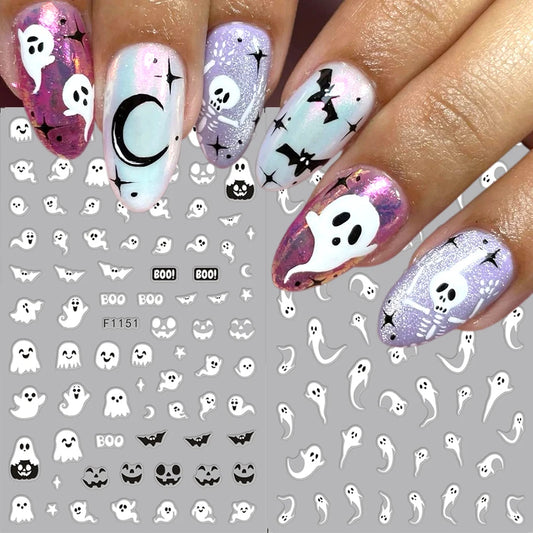 2pcs Luminous Halloween Spooky Nail Stickers White Ghost Pumpkin