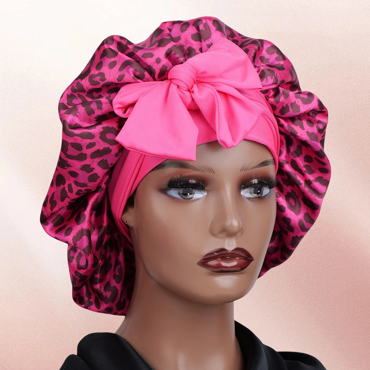 Silky Satin Sleep Bonnet Leopard Print Adjustable Tie Band Hair Cover