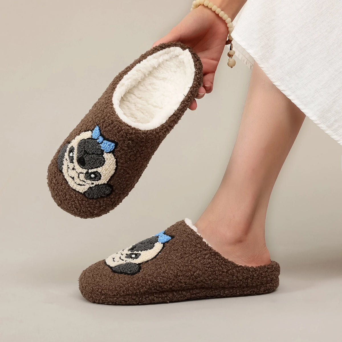 A Pair of Brown Pug Pet Embroider Pattern Plush Home Soft-Soled