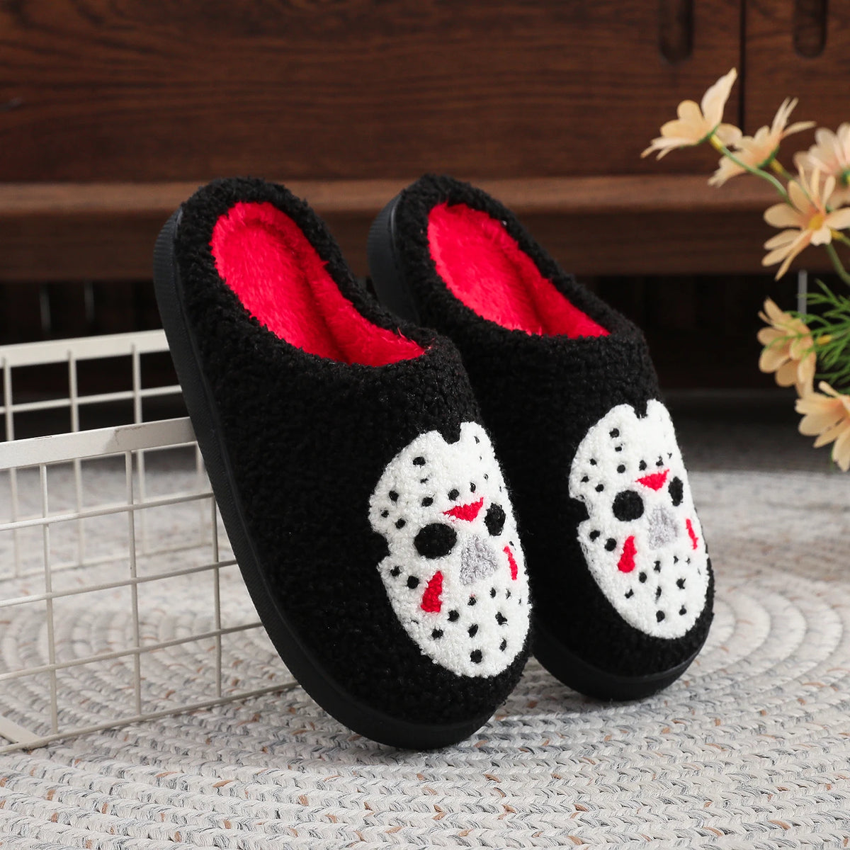 A Pair of Black Halloween Horror Mask Skull Pattern Embroidered Plush