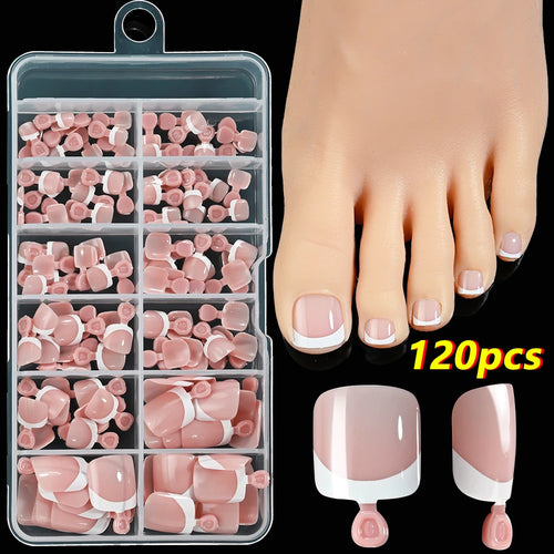 120Pcs 9-Colors French Fake Toenails Summer Short Sqaure Press On Toe