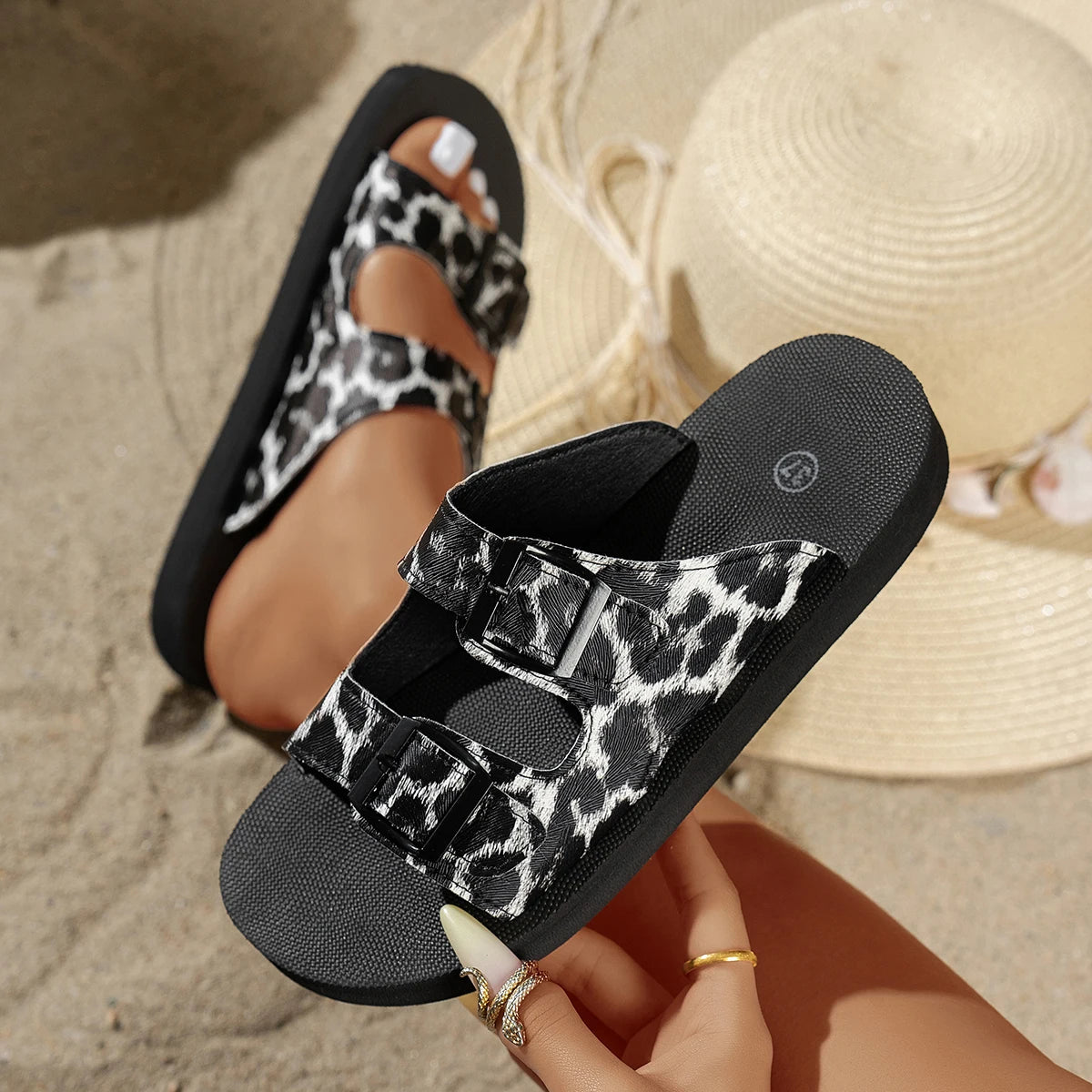 Summer Sexy Leopard Print Buckle Women's Sandals Beach Vacation Daily