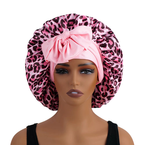Silky Satin Sleep Bonnet Leopard Print Adjustable Tie Band Hair Cover