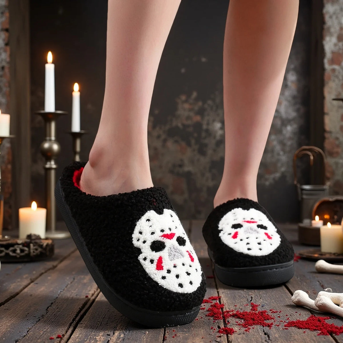 A Pair of Black Halloween Horror Mask Skull Pattern Embroidered Plush