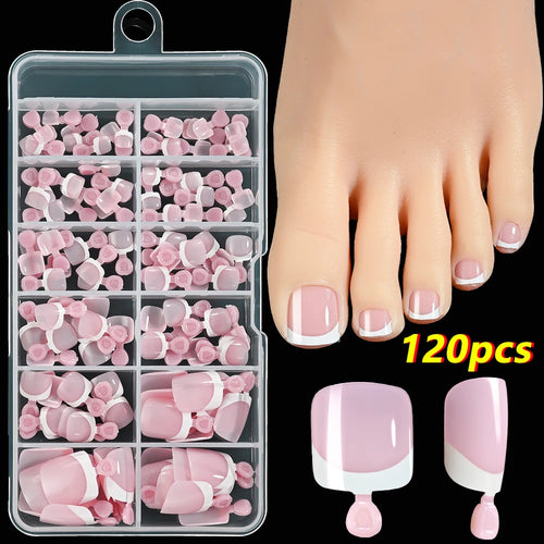 120Pcs 9-Colors French Fake Toenails Summer Short Sqaure Press On Toe