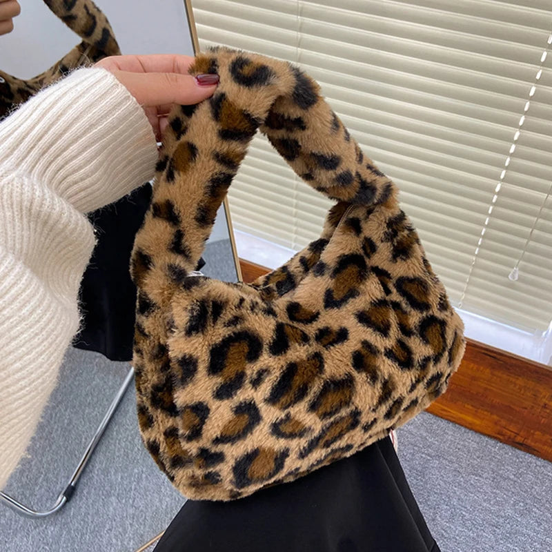 Stylish Leopard Pattern Tote Bag Soft Plush Handbag Underarm Shoulder