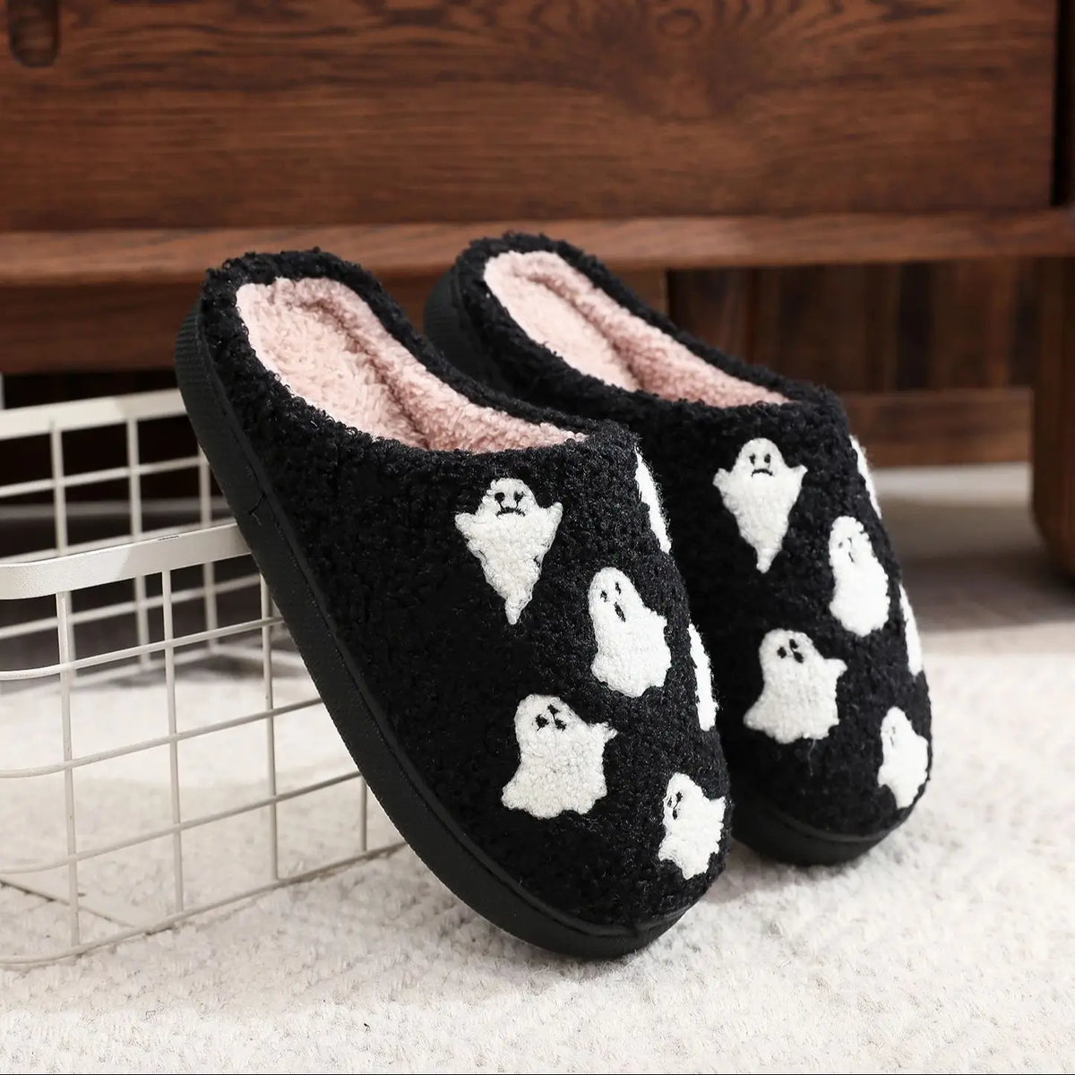 Halloween Ghost Pattern Black Cotton Slippers Non-slip Thick Sole