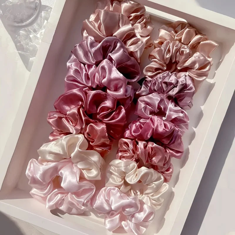 16-piece set of soft satin hair ties in pink and brown colors |