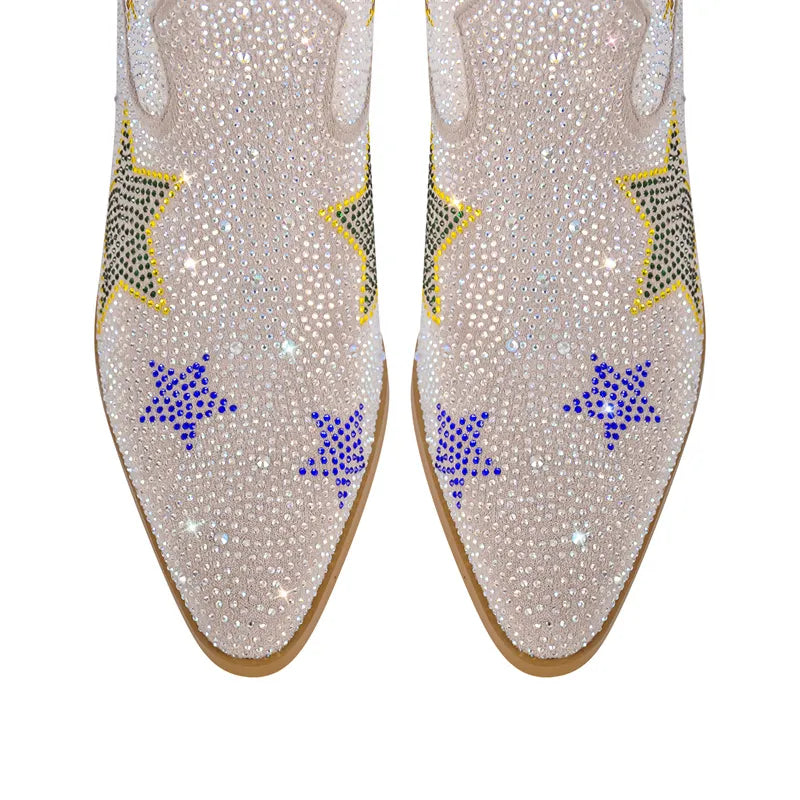 Onlymaker Women Rhinestone  Mid-Calf Boots Glitter Bling Shiny Western