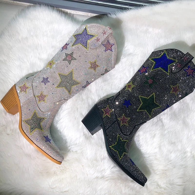 Onlymaker Women Rhinestone  Mid-Calf Boots Glitter Bling Shiny Western